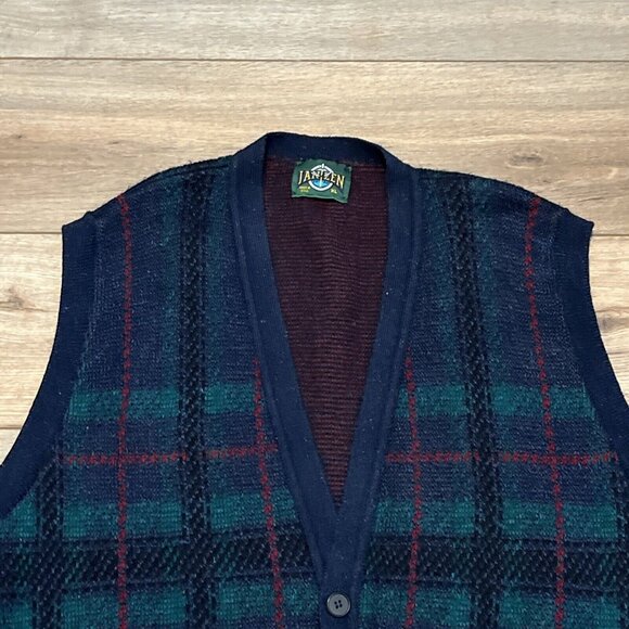 VTG Jantzen Knit Cardigan Sweater Vest Plaid SZ XL Multicolor USA Made Grandpa - Picture 2 of 10